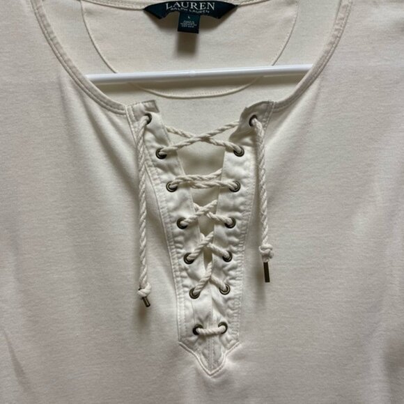 Ralph Lauren Sz Large Ivory Lace-Up Long Sleeve Top Nautical Western Preppy - Picture 2 of 7